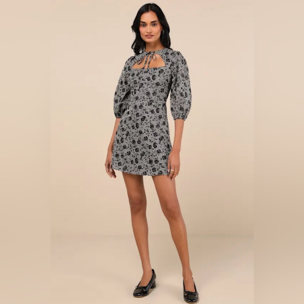 Lulus Black Gingham Jacquard Tie Neck Mini Dress Size Small